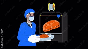 3D printed meat line cartoon animation. Advanced technology. Additive manufacturing 4K video motion graphic. 3d printer food researcher 2D linear animated character isolated on transparent background
