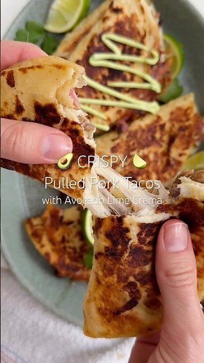 Crispy Pulled Pork Tacos with Avocado Lime Crema 🥑🌮🍋‍🟩🌿 #porktacos #pressurecooker #dinnerideas