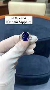 This breathtaking ring features a spectacular 10.88-carat untreated Kashmir sapphire that displays a perfectly deep, celestial velvety blue color for which Kashmir sapphires are renowned. The gem has been certified by GemResearch Swisslabs, the Gemological Institute of America, the American Gemological Laboratories, and C. Dunaigre Switzerland, each confirming the stone’s impressive Kashmir origin and desirable lack of heat treatment. This means the stone’s alluring vivid royal blue color is com