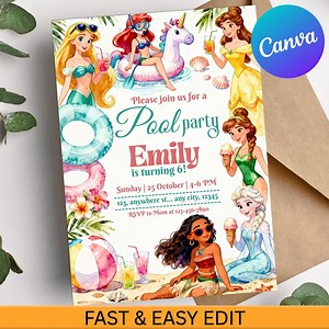 Royal Princess Pool Party Invitation, Digital Girl Birthday Invite, Editable Canva Template, Cute Princess Birthday Pool Theme, Moana Bday - Etsy