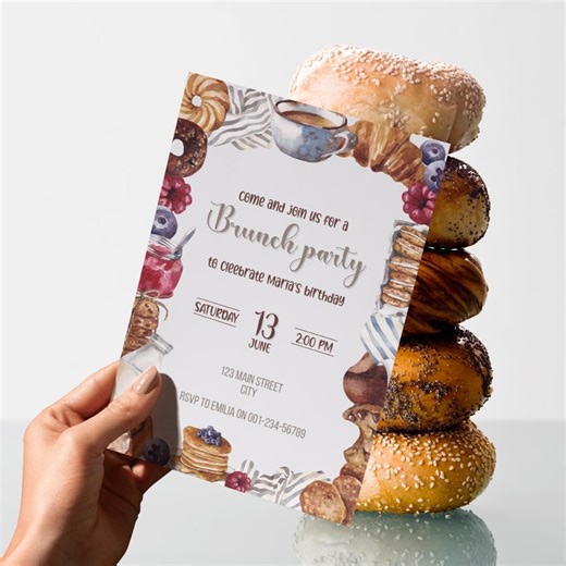 Brunch Birthday Invitation, Watercolor Breakfast Party Invite With Pancakes & Coffee, Editable Brunch Invitation - Etsy