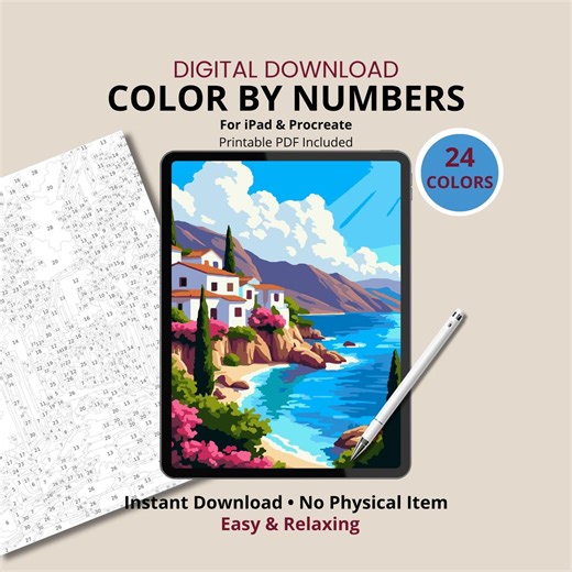 Color by Numbers Printable, Mediterranean Coast Paint by Numbers Digital Download, iPad Procreate Coloring Page, Printable Nature Art - Etsy