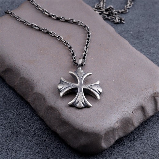 Engraved Silver Iris Cross Pendant Necklace Solid Gothic Chain Unisex Jewelry Gift for Him Her - Etsy