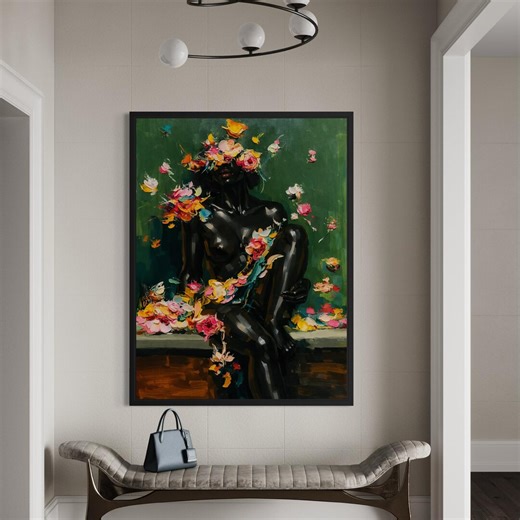 Black Art Prints, Black Woman Flower Head Wall Art, Black Girl Wall Art, African American Art, Afrocentric Wall Art, Urban Floral Portrait - Etsy