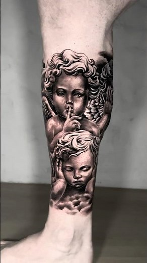 👼 Realistic Cherub Calf Tattoo | Black & Grey Angel Sleeve Detail