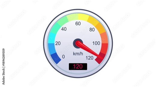 Modern Car Speedometer Interface with Vehicle Speed In Kilometers Per Hour and Acceleration From 0 to 120 Km/h. Colorful Zones Design Animation