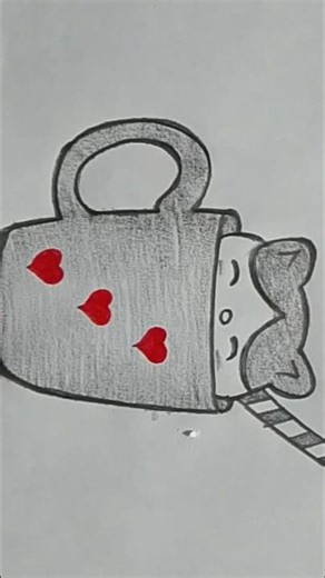 cat drawing in cup, pencil drawing cat sit inside cup, cat in cup drawing, pencil sketch cat with 🍵