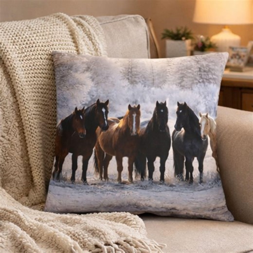 Seven Horses Winter Ranch Scene Pillow, Rustic Equine Stable Decor - Etsy