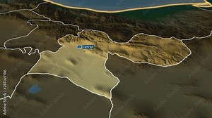 Tehran - province of Iran with its capital zoomed on the physical map of the globe. Animation 3D