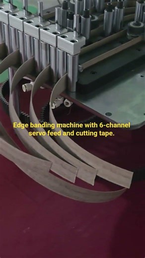 Edge banding machine with 6-channel servo feed and cutting tape.