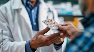 Pharmacist handing a blister pack of pills to a customer in a pharmacy. Healthcare professional ensuring correct medication distribution