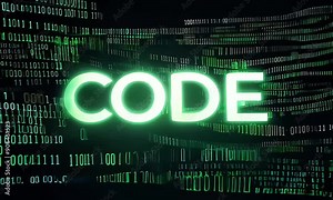 Digital text animation 'code' with green binary code streams effect on black background