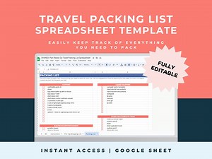 Travel Packing List Spreadsheet Template, Trip Shopping Checklist Google Sheet, Editable Packing List - Etsy