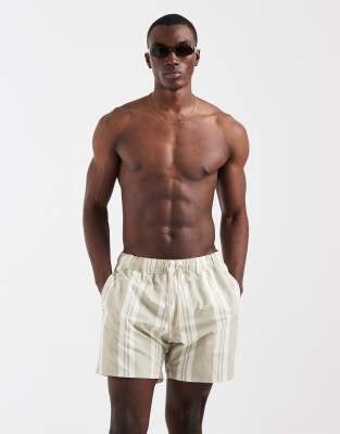 ASOS DESIGN swim shorts in mid length in beige stripe | ASOS