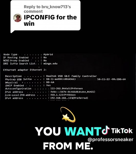 Replying to @bru_know713 🖥️ IPConfig is one of the simplest but most powerful commands every IT student should know. In this lesson I break down what ipconfig actually does and why it matters when you're troubleshooting networks. If you're learning IT, networking, or cybersecurity, this is one of those commands you'll use constantly. 👇 Now I want to hear from you. What should I teach next? DNS Ping Traceroute DHCP Subnetting Something else? Drop it in the comments and it might become the next 