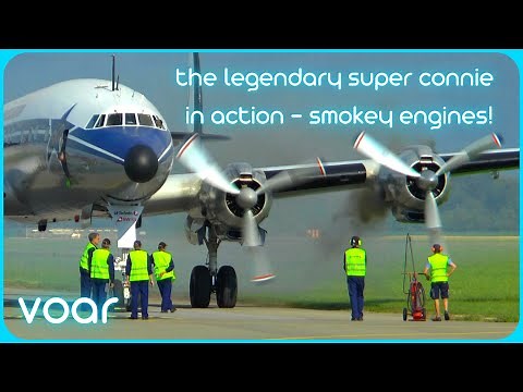 LEGENDARY OLDTIMER! - L-1049 Super Constellation smokey engine startup and takeoff at Altenrhein
