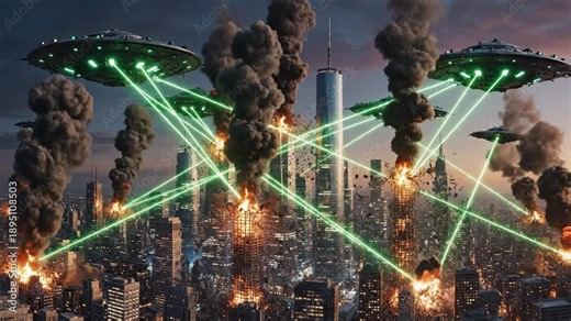 A fleet of alien UFOs descends upon a metropolitan skyline at dusk, unleashing green laser beams that trigger catastrophic explosions and thick black smoke. An epic vision of global panic.