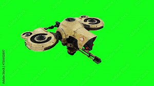 Flying military, war droid, bot with gun. Green screen.