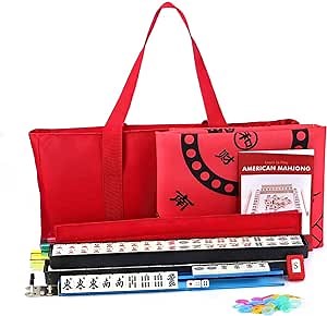 New American Mahjong Set - 166 Premium White Tiles, 4 All-in-One Rack/Pushers, Red Canvas Soft Bag – Classic Full Size Complete Mahjongg Set with Mahjong Table Mat(100cm*100cm)