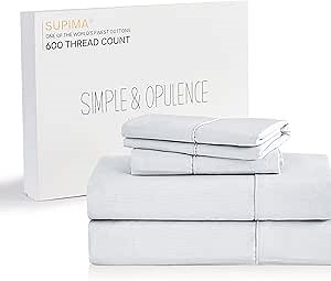Simple&Opulence 100% Supima Cotton 600 Thread Count Calking Sheets -4 Pc Long Staple Pure Soft Sateen Weave Set-16” Deep Pocket Cooling Luxury Bed Sheet with Trim Insert(White, California King)