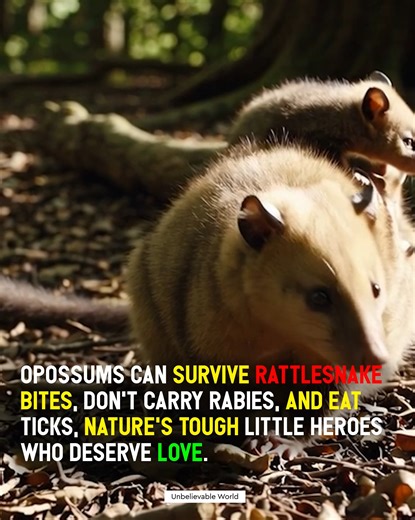 Opossums might not look like heroes — but in nature, they absolutely are. 🐀💪 Immune to venom from snakes like rattlesnakes and cottonmouths, these remarkable marsupials can survive up to 80 snake bites that would kill almost any other animal. Scientists are even studying their blood proteins to develop antivenoms that could save human lives. 🧬🐍 But that’s not their only superpower. Each opossum can consume thousands of ticks every season, dramatically reducing the spread of Lyme disease. Add