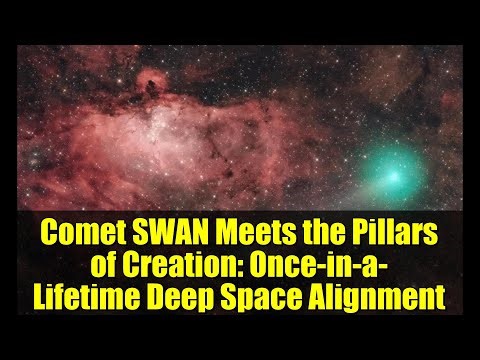 Comet SWAN Meets the Pillars of Creation: Once-in-a-Lifetime Deep Space Alignment