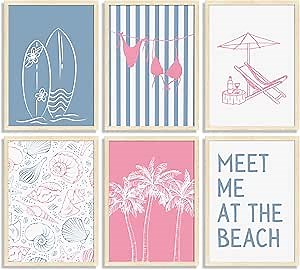 6Pcs Coastal Beach Wall Art Preppy Bikini Surfing Shells Picture Wall Decor Summer Meet Me at the beach Poster Print Artwork for Living Room Bedroom Dining Room Bathroom Home Decoration Unframed