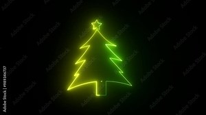 Neon Christmas tree animation,Glowing neon Christmas tree icon with star,and black color background.