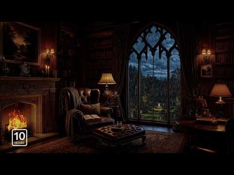 Cozy Library Fireplace 🔥 Soft Rain on Window for Getting Lost in a Book | 10 Hours