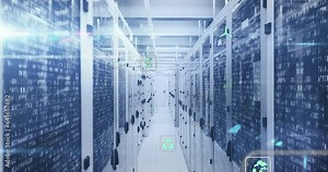Animation of icon in circles over binary codes on data server racks in server room