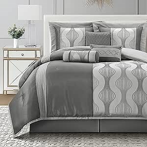King Comforter Set, Grey, 7 Pieces in a Bag, Ultra Soft Jacquard with Solid Piecework, Luxury Bed Set with Comforters, Bed Skirt, Pillow Shams and Decorative Pillows