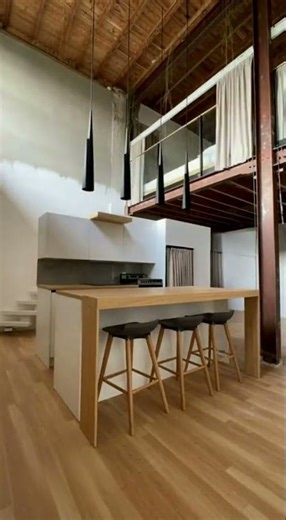 Modern Minimalist Kitchen in a High Ceiling Industrial Loft