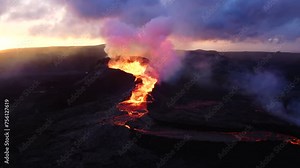 A swiftly flowing volcanic lava scene captured by a 4K drone, featuring aerial cinematic footage, imbued with drama, set against a backdrop of an orange, cloudy sky.