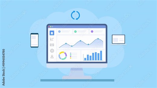 Looping flat animation of a cloud analytics dashboard with charts, mobile and tablet devices, and sync icon, representing cross platform access, data synchronization, and workflow efficiency.