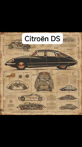 La imagen muestra un esquema detallado del Citroën DS, un automóvil francés icónico producido entre 1955 y 1975. El esquema, con un estilo vintage que recuerda a los planos antiguos, presenta varias vistas del vehículo: Vista lateral completa: Esta vista domina la imagen y muestra la elegante silueta del DS, destacando sus líneas aerodinámicas y su distintivo perfil. Vistas en corte: Se incluyen varias secciones transversales del automóvil que revelan sus componentes internos, como el motor, la 