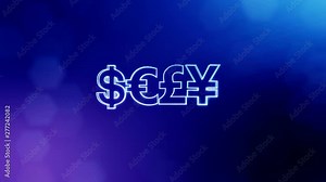 symbol bitcoin dollar euro pound and yen. Financial background made of glow particles as vitrtual hologram. 3D seamless animation with depth of field, bokeh and copy space. Blue v7