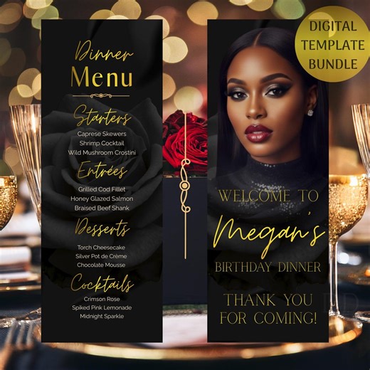 Birthday Dinner Menu Bundle, Black and Gold Invitation, Digital Birthday Car - Etsy