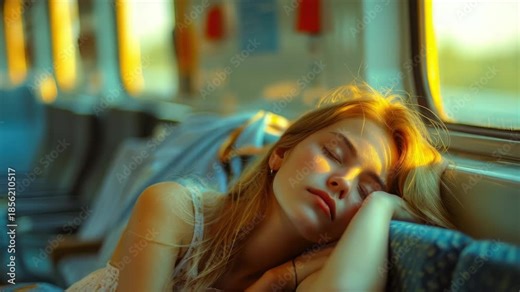 Woman sleeping peacefully in a comfortable seat inside the passenger carriage of a railway train during daytime.