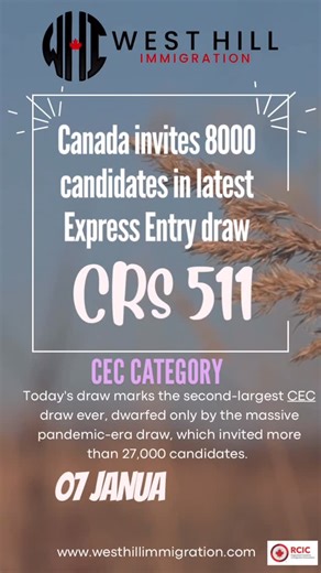 West Hill Immigration on Instagram: "The immigration department issued 8,000 ITAs in a draw for Canadian Experience Class (CEC) candidates. To be considered in this draw, candidates needed to have A minimum Comprehensive Ranking System (CRS) score of 511; and Created an Express Entry candidate profile before 3:59 p.m., Universal Coordinated Time (UTC) on June 10, 2025. Contact us at 604-807-6962 #westhillimmigration #canada #surrey #surreybc #trending #canadaimmigration #canadianimmigration #exp