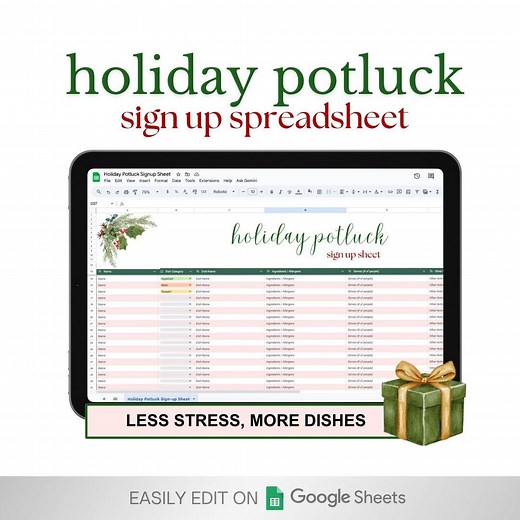 Holiday Potluck Sign-up Spreadsheet: Editable Google Sheet (digital Download) - Etsy