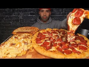 (ASMR) STUFFED CRUST PEPPERONI PIZZA + MACARONI & CHEESE WITH BACON MUKBANG