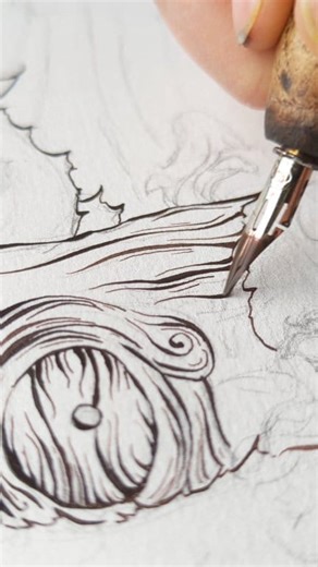 I hope that your day is wonderful, and if it's not, it's ok to pretend that you live in this little log house for a while. You can get back to reality later, if you want to. #calming #calmingvideo #fairytale #fairytalevibes #penandink #dippen #storybook | Oak Ring Art