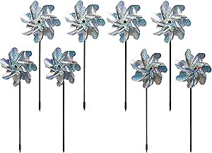 BIRD BLINDER 8-Pack Bird Deterrents for Outside - Reflective Pin Wheels for Garden and Yard - 7 x 19 in Holographic Windmills for The Yard Garden - Durable Outdoor Bird Deterrent Spinners - Silver