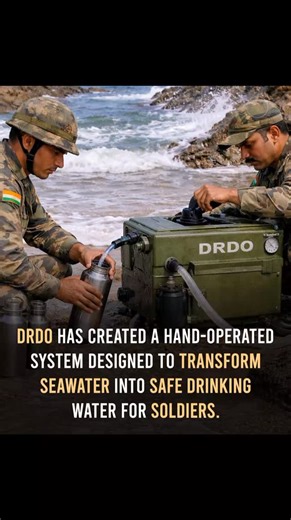 Just Explained on Instagram: "The Defence Research and Development Organisation has developed a portable water desalination device to meet the drinking water needs of soldiers deployed in challenging and water-scarce environments. The system is designed to support small groups operating in remote, coastal, or high-altitude regions where access to potable water is severely limited. Sea Water Desalination System (SWaDeS) The device, named Sea Water Desalination System (SWaDeS), has been developed