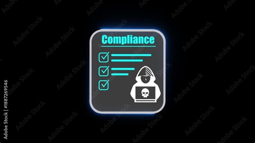 Cybersecurity compliance checklist animation with hacker warning icon, digital policy audit and security verification concept on modern interface background