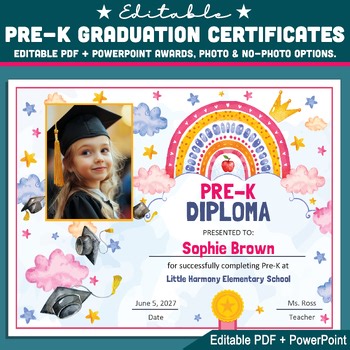 Pre-K Graduation Certificates, Editable Awards for Ceremony Day, PDF +PowerPoint