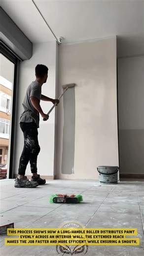 Applying interior wall paint using a long-handle roller – Good Tools and Machinery in Daily Work
