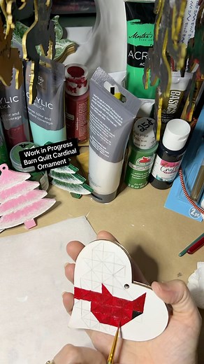 Work In Progress: Barn Quilt Style Cardinal Ornament Nowhere near complete. Considering busting out my paint pens so I can work on it “on the go” but then you don’t get progress videos of that. 😅 linktr.ee/JessicaWebbArt #cardinals #christmastreeornaments #ornaments #handpainted #christmas | Jessica Webb Art