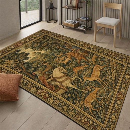 French English Medieval Hunting Scene Rug Royal Forest Tapestry Vintage - Etsy