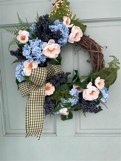 Blue Hydrangea, Dark Blue Berries and Cream Garden Rose Wreath With Gingham Bow - Etsy